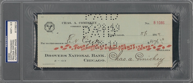 1919 Charles Comiskey & Eddie Cicotte Dual Signed White Sox Payroll Check (PSA/DNA MINT + 9.5)- Highest Graded Key Black Sox Pitcher